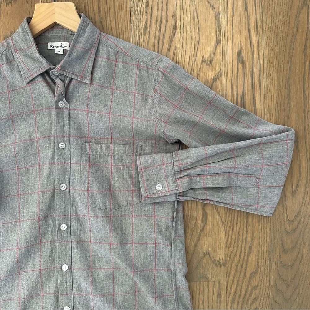 Steven Alan Men's Plaid Brushed Cotton Button Front Shirt in Grey and Red Small - Picture 4 of 8
